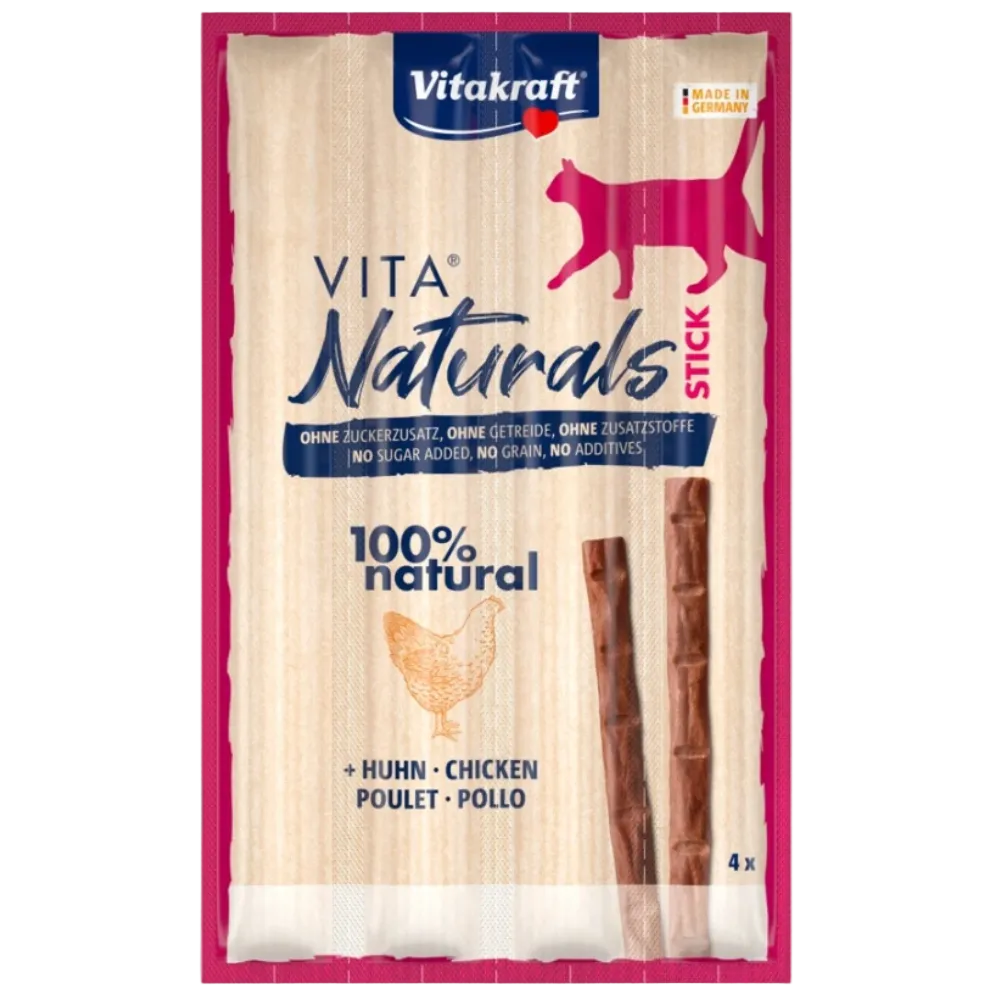 Vitakraft Vita Naturals cat treat package with chicken flavor on a white background