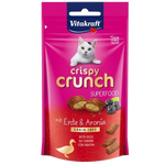 Vitakraft crispy crunch superfood cat treat package with a white cat on a pink background