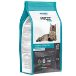 Cat food package with a cat on the label on a white background