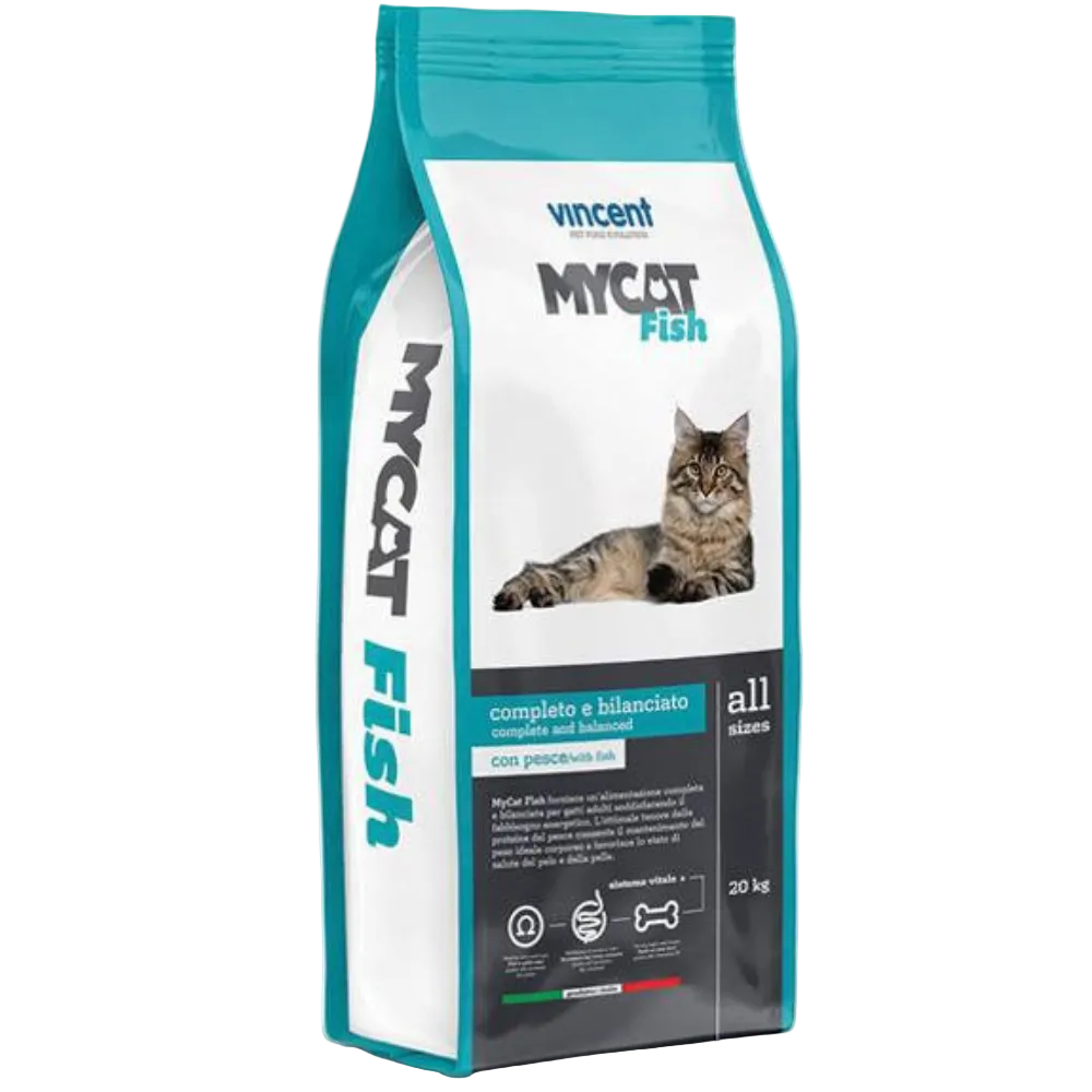 Cat food package with 'MyCat Fish' branding on a white background