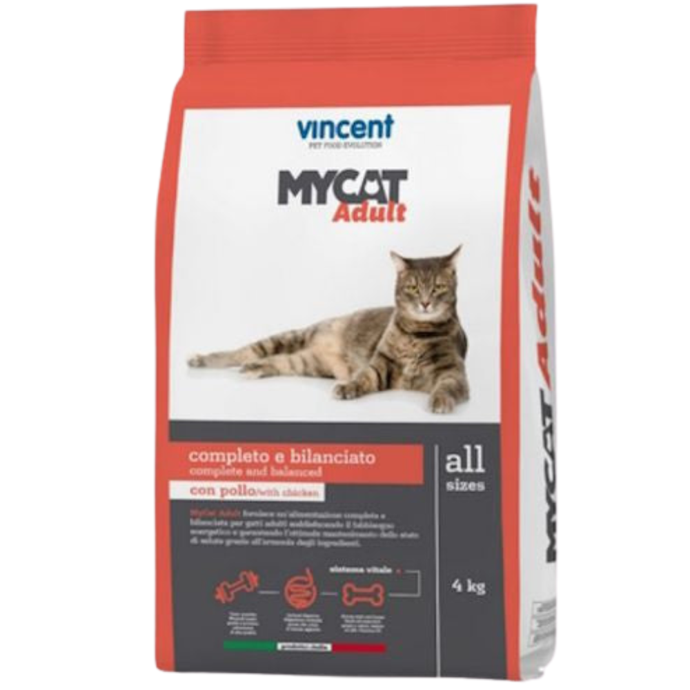 Cat food package with a cat on the label, featuring the brand 'MyCat' by 'Vincent'.