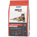 Cat food package with a cat on the label, featuring the brand 'MyCat' by 'Vincent'.
