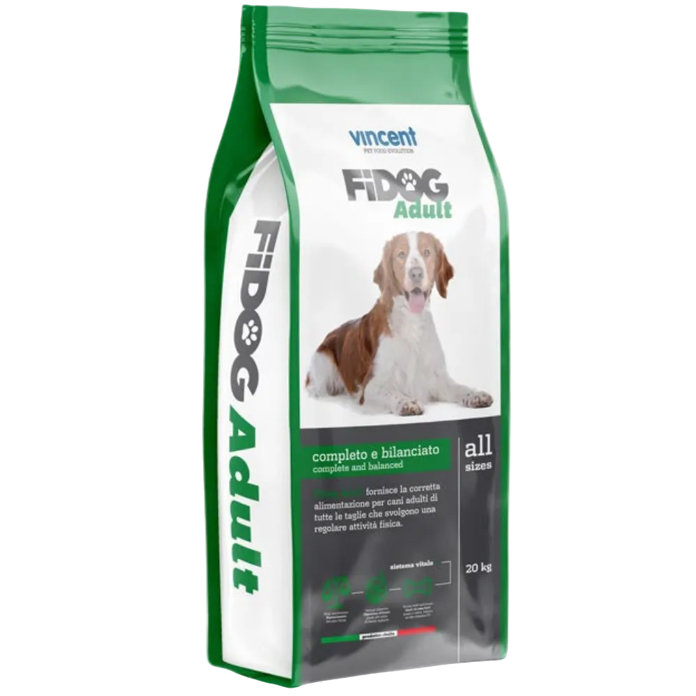 FIDOG Adult dog food packaging with a dog on the label against a white background