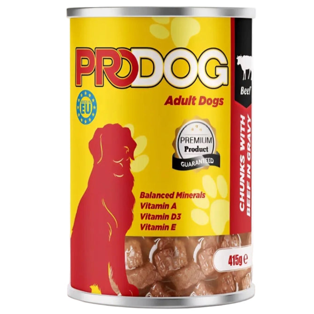 Can of ProDog adult dog food with yellow label and red silhouette of a dog.