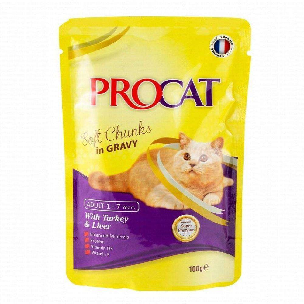 Procat cat food pouch with a yellow and purple design on a white background