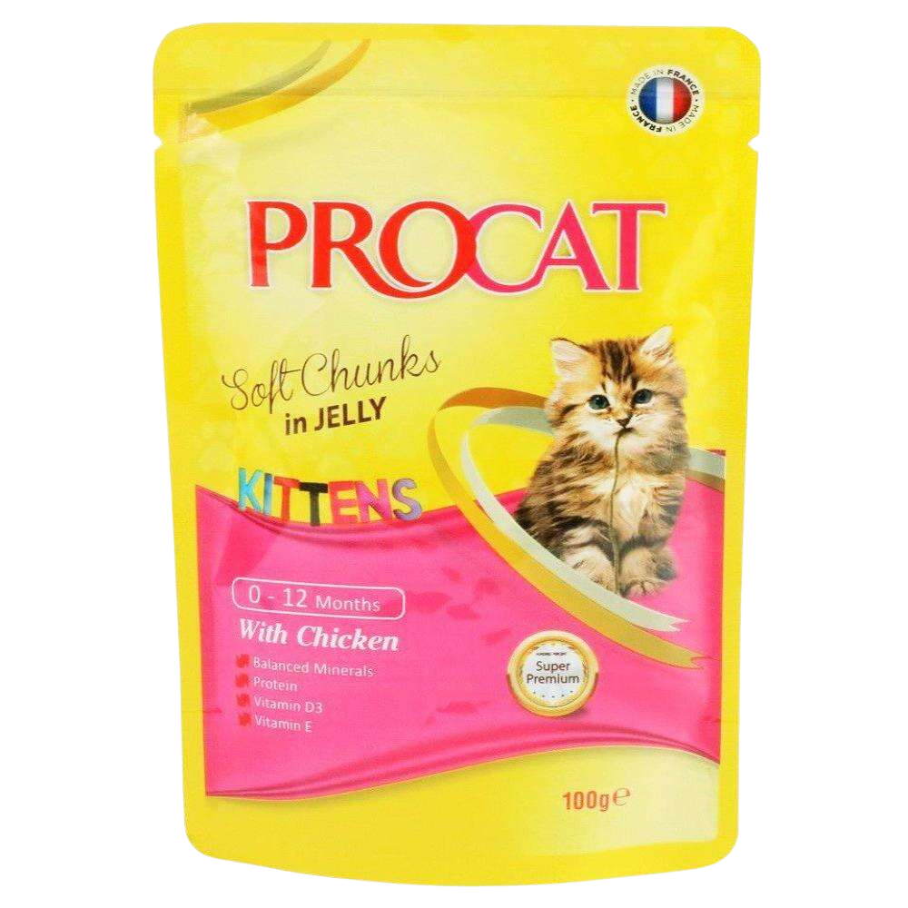 Procat kittens soft chunks in jelly pouch with a cat on the label