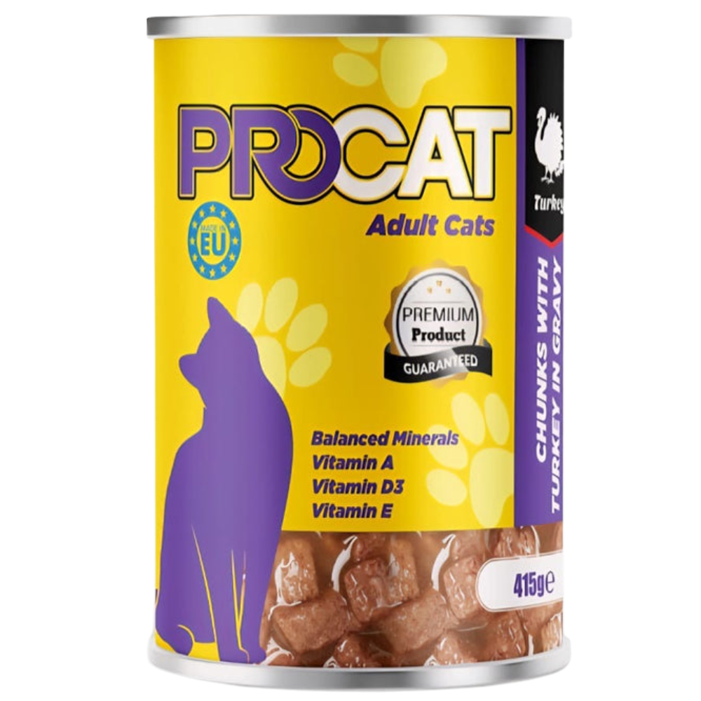 Can of Procat adult cat food with purple and yellow label