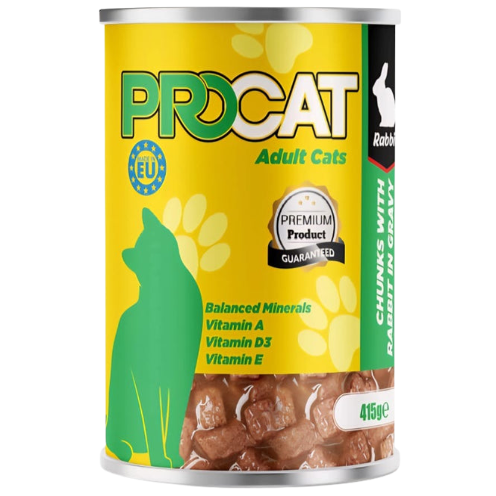 Can of ProCat cat food with yellow label and green silhouette of a cat.