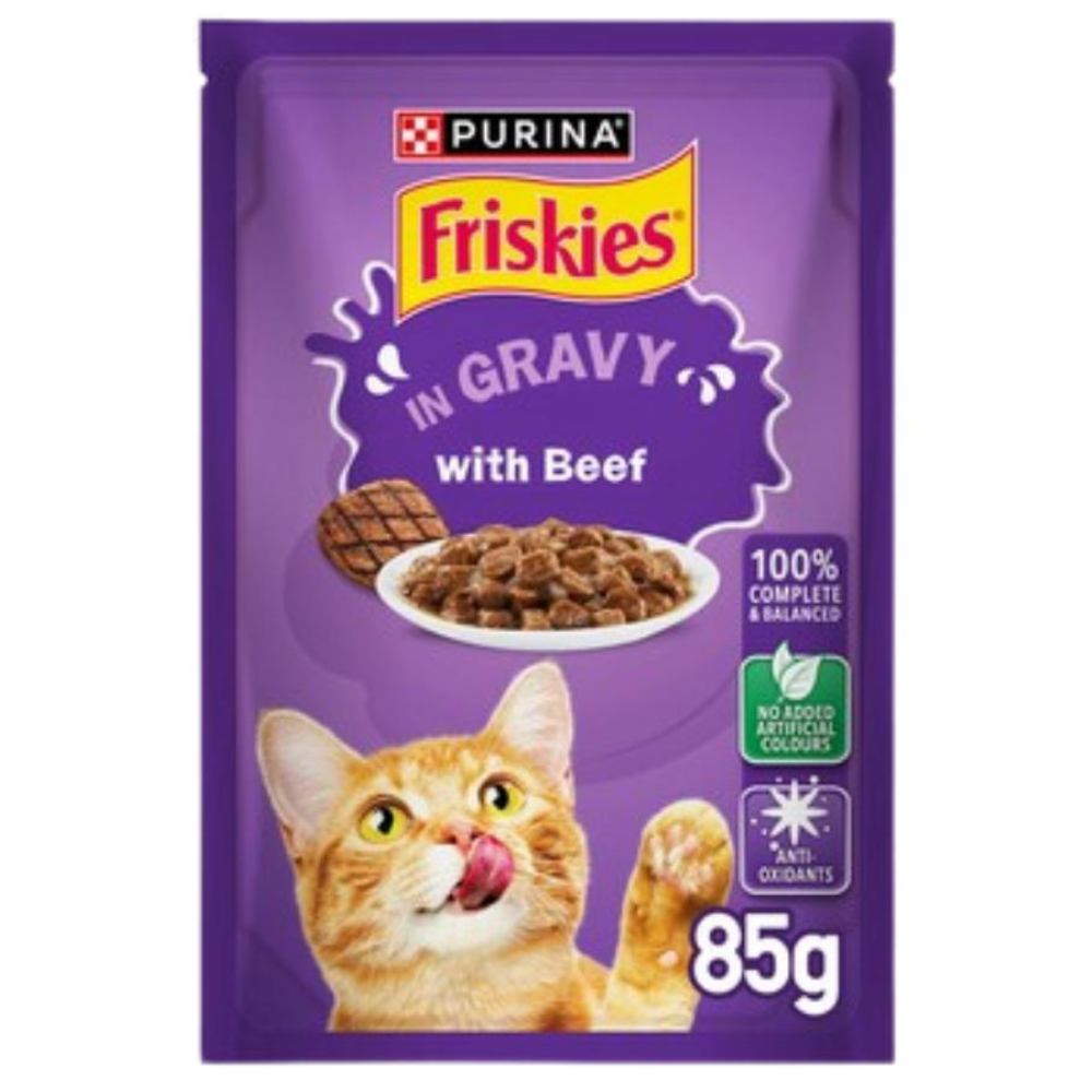 BUY 9 + 1 FREE Friskies Beef Chunks in Gravy Wet Cat Food Pouch 85g