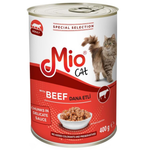 Mio Cat food can with a cat on the label against a white background