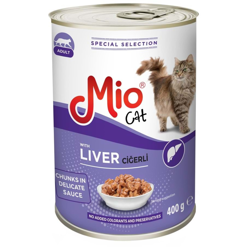 Can of Mio Cat Special Selection with Liver flavor on a white background
