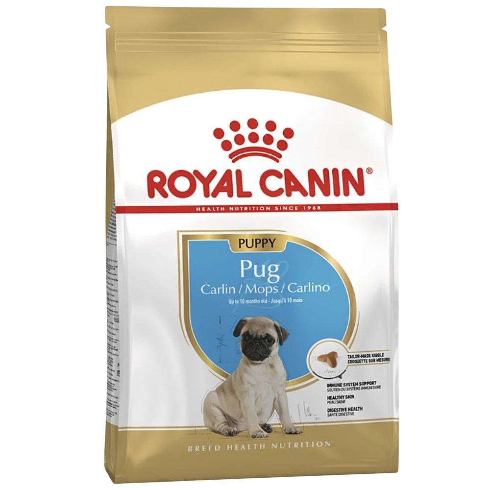 Royal Canin Pug puppy food packaging on a white background