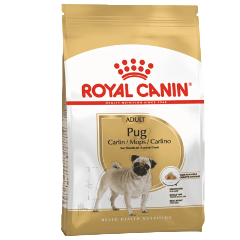 Royal Canin Pug breed specific dog food packaging on a white background