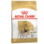 Royal Canin Pug breed specific dog food packaging on a white background