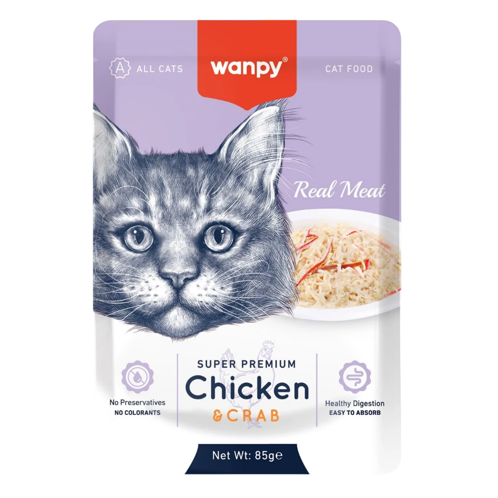 Wanpy cat food pouch with a kitten illustration on a white background