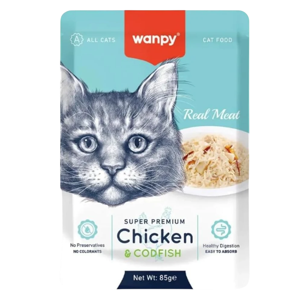 Wanpy cat food packet with a cat's face on the label