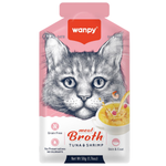 Wanpy cat food pouch with a pink background and cat illustration, featuring meat broth for tuna and shrimp.