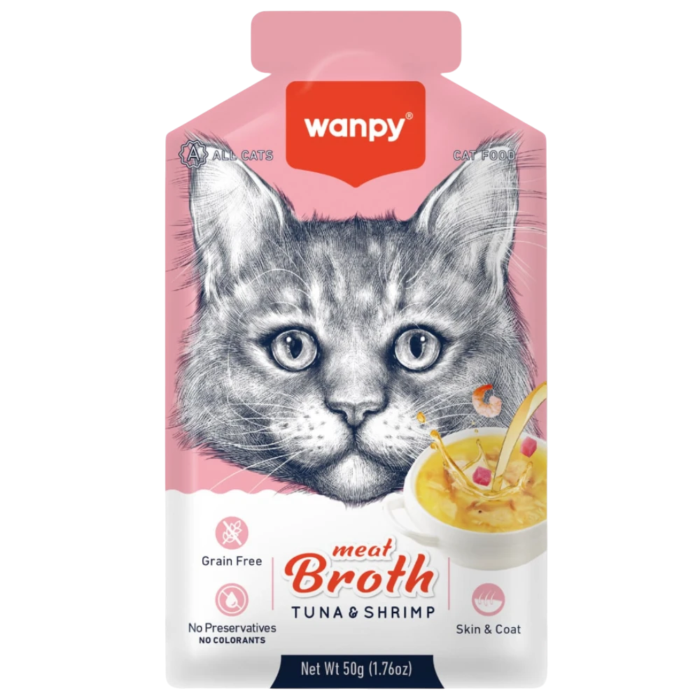 Wanpy cat food pouch with a pink background and cat illustration, featuring meat broth for tuna and shrimp.