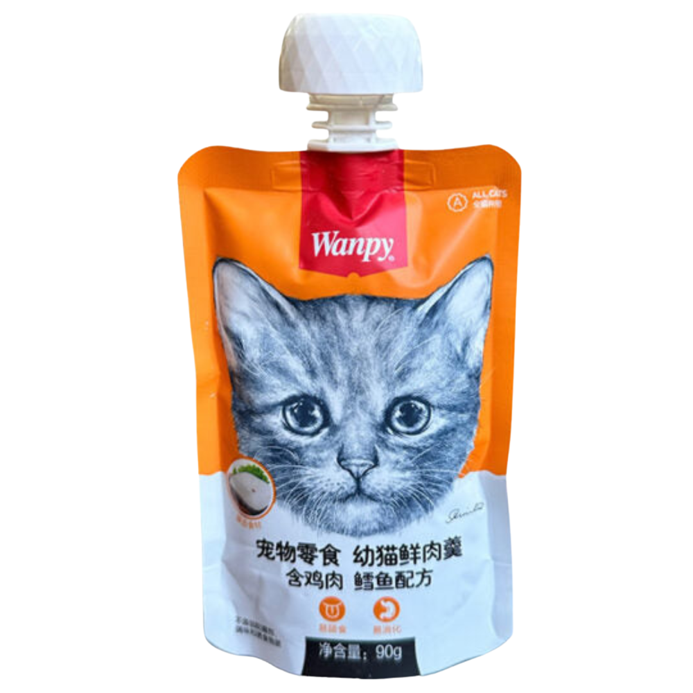 Wanpy cat food pouch with a cat's face on an orange background