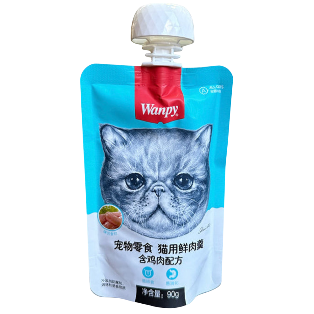 Wanpy cat food pouch with a cat's face on the packaging against a white background