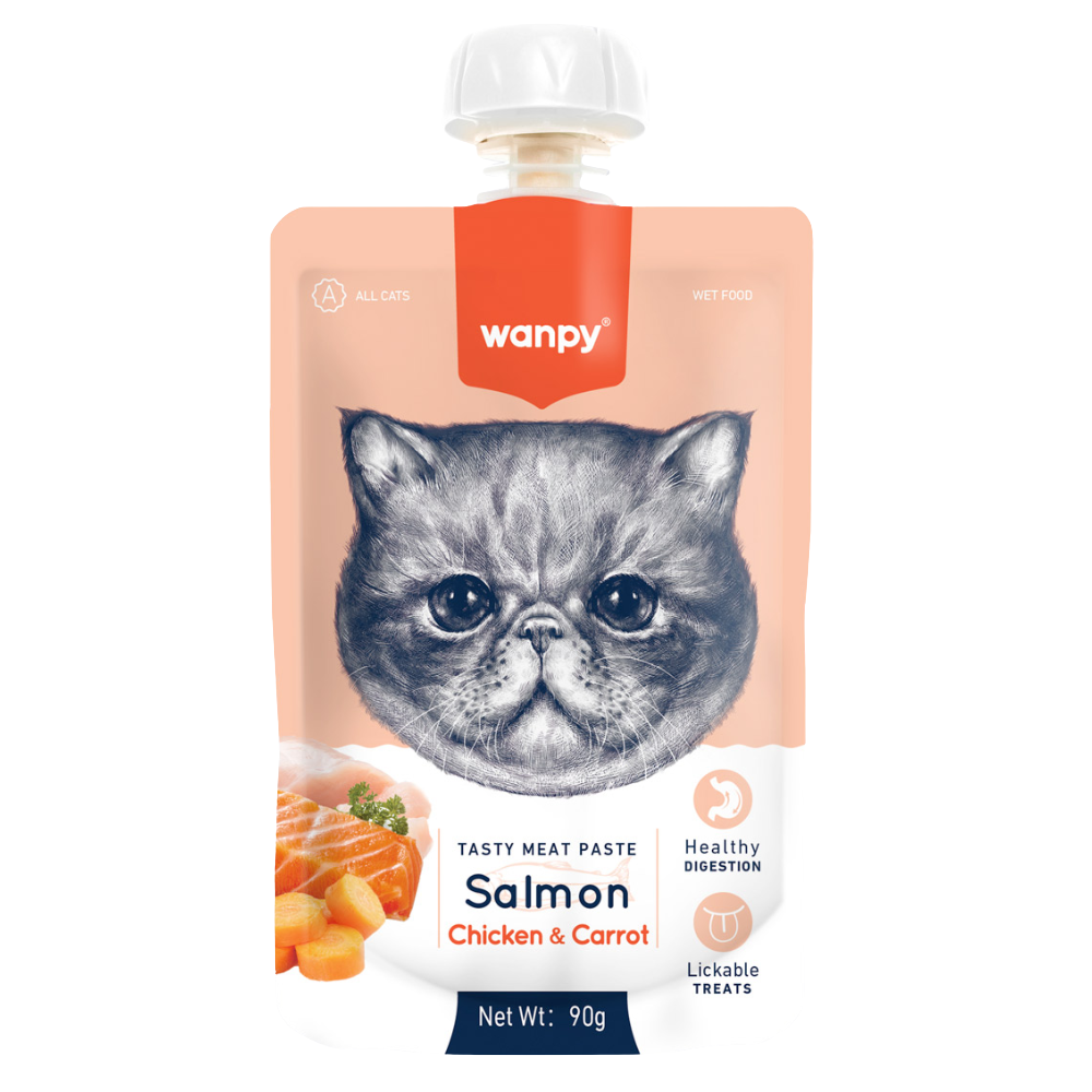 Wanpy cat food pouch with salmon, chicken, and carrot ingredients on a white background