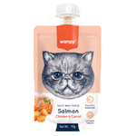 Wanpy cat food pouch with salmon, chicken, and carrot ingredients on a white background