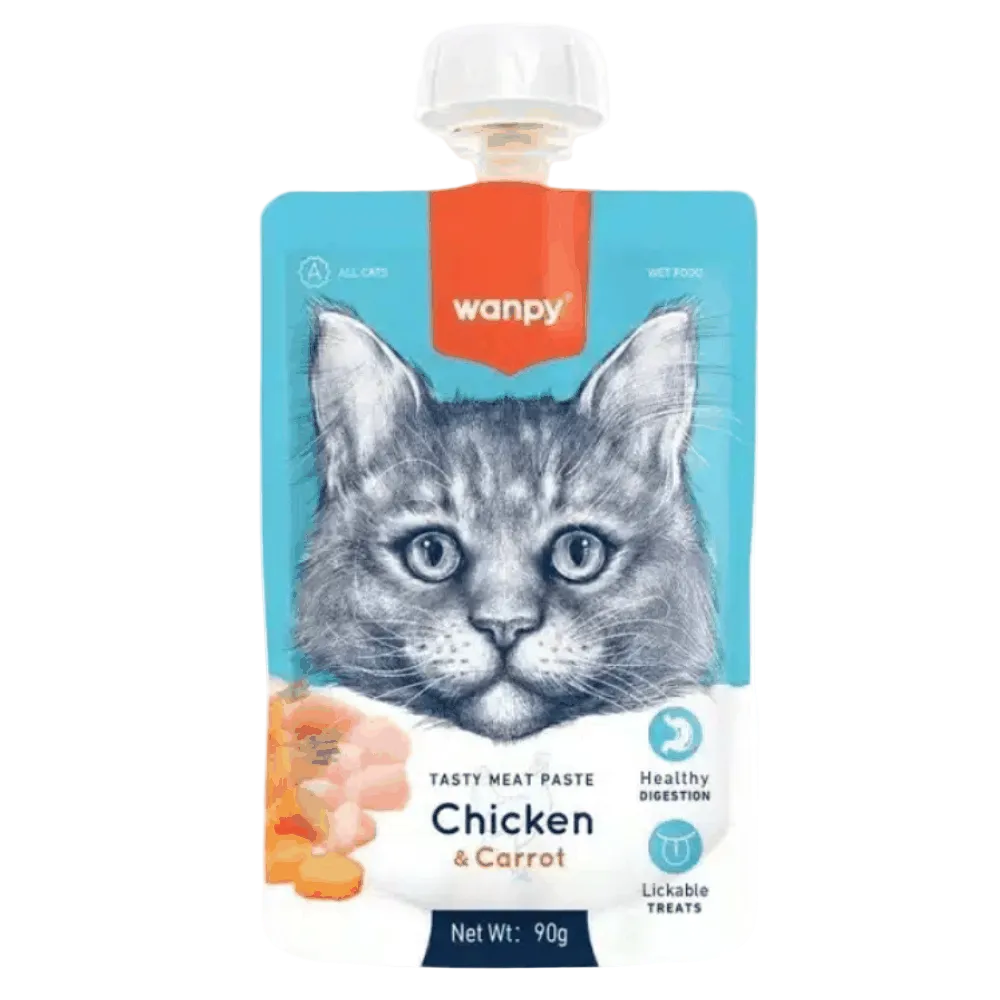 Wanpy cat food pouch with chicken and carrot flavor on a white background