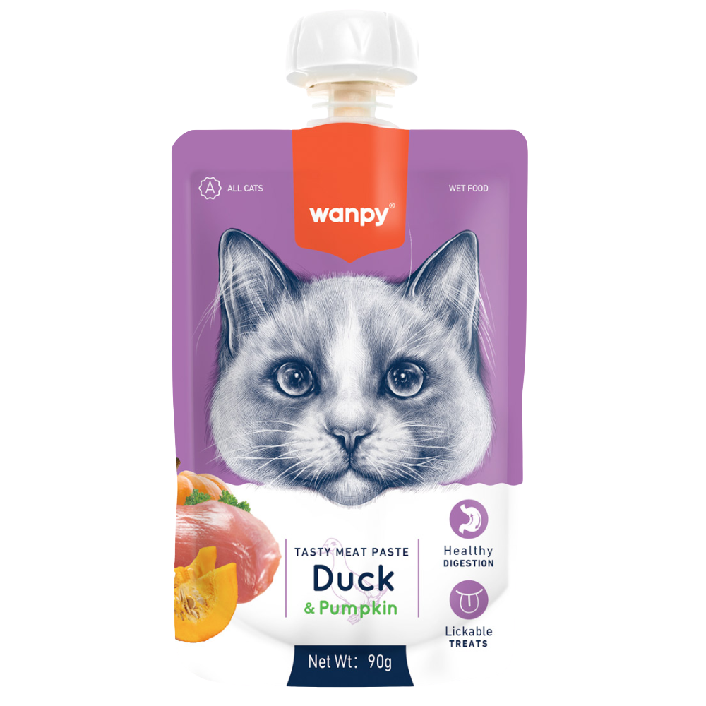 Wanpy cat food pouch with a purple background featuring a cat's face and text about duck and pumpkin content.