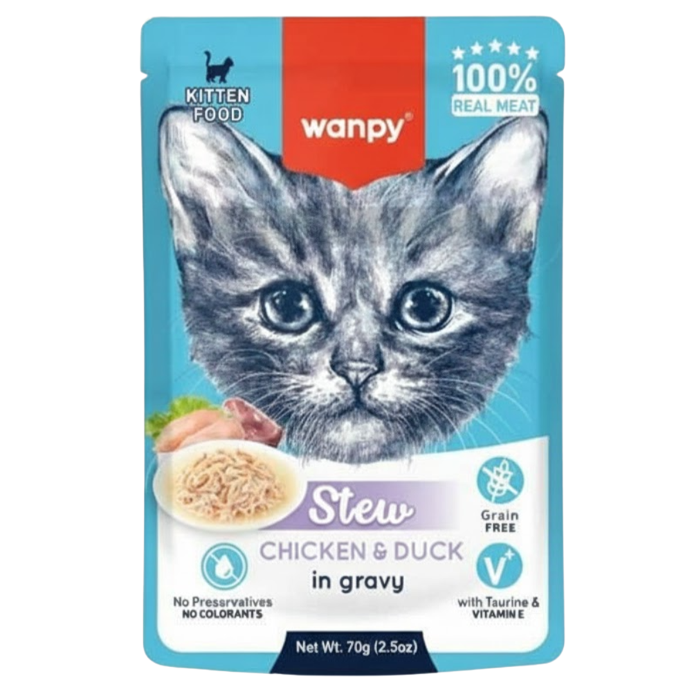 Wanpy kitten food pouch with a cat's face on the label