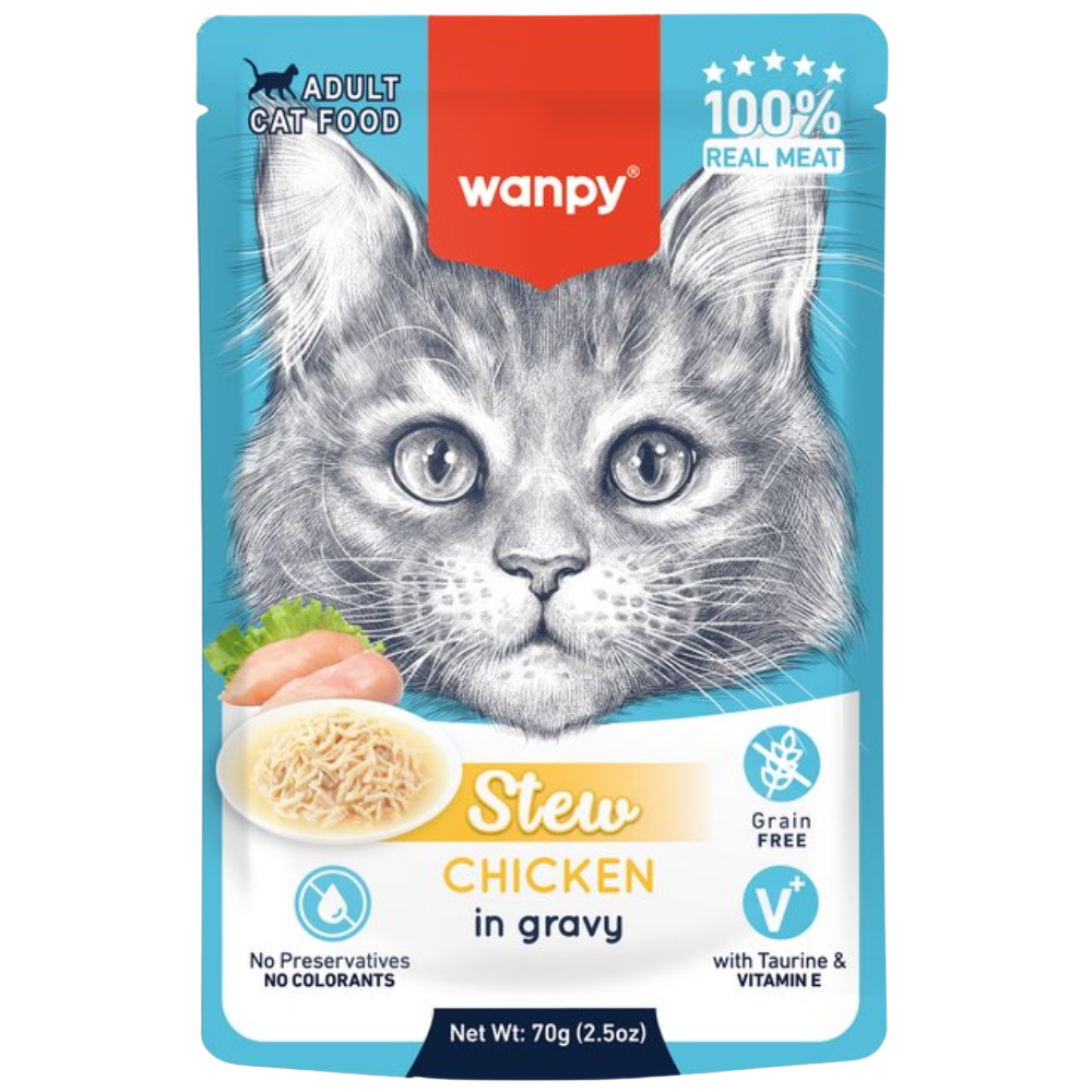 Wanpy cat food pouch with a cat illustration on a blue background