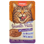 Cat food package with a smiling cat illustration on an orange and purple background