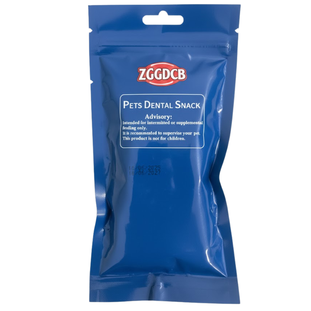 Blue package of pets dental snack with ZGGDCB branding on a white background