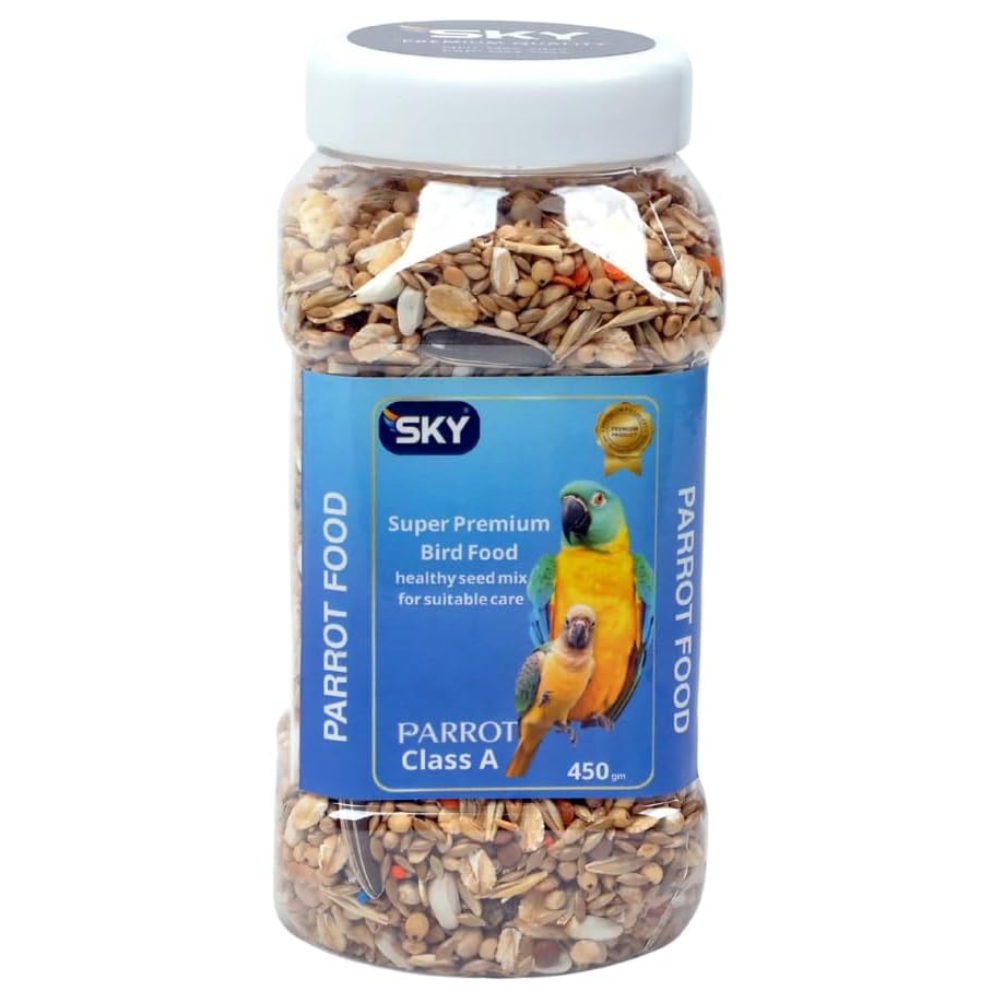 Jar of parrot food with a blue label featuring parrot images on a white background