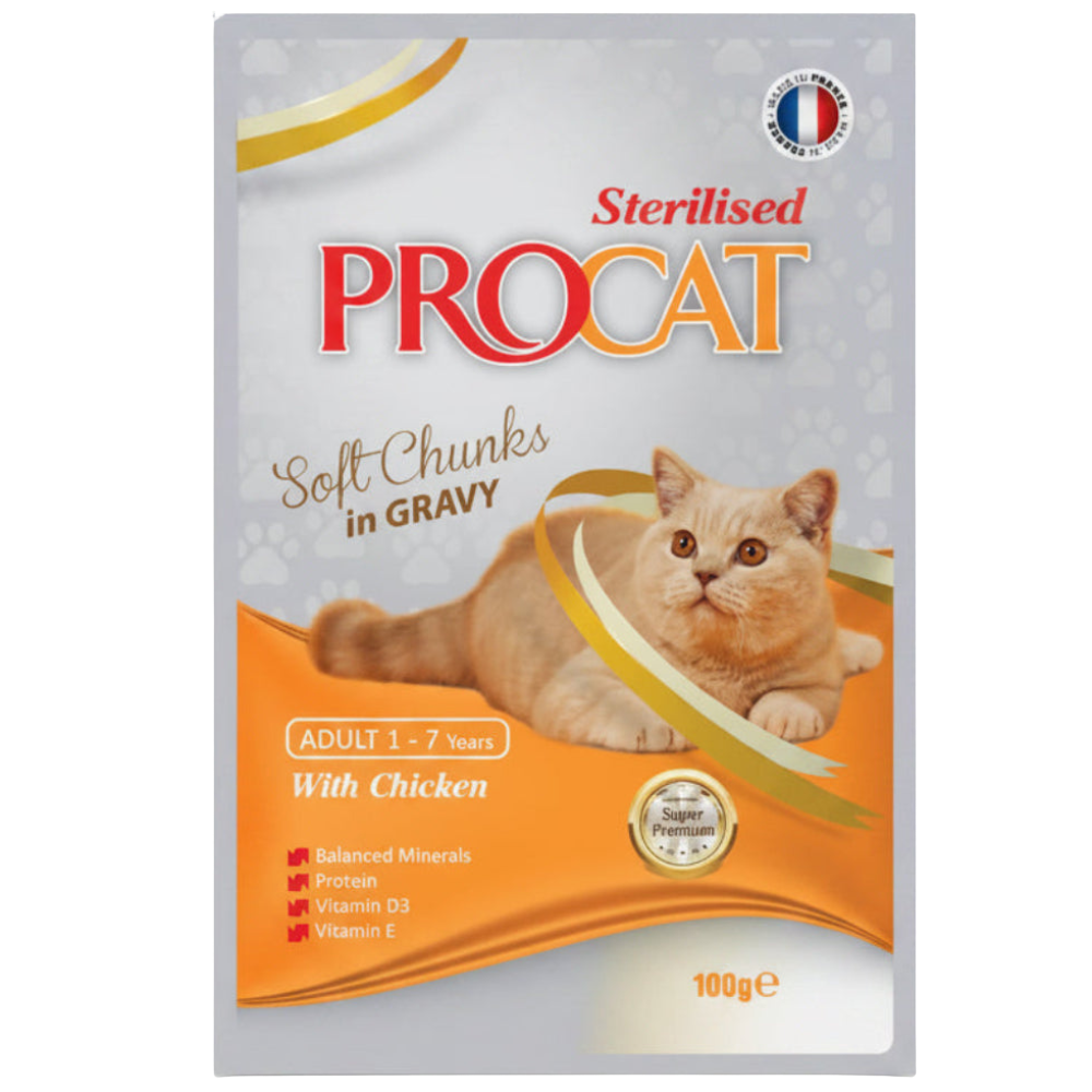 Procat sterilised cat food package with a cat on the label