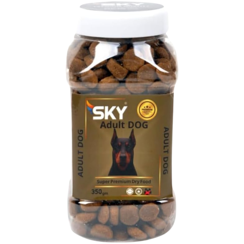 Jar of SKY Adult Dog dry food on a white background