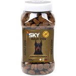 Jar of SKY Adult Dog dry food on a white background