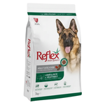 Bag of Reflex high-quality adult dog food with a German Shepherd on the packaging.