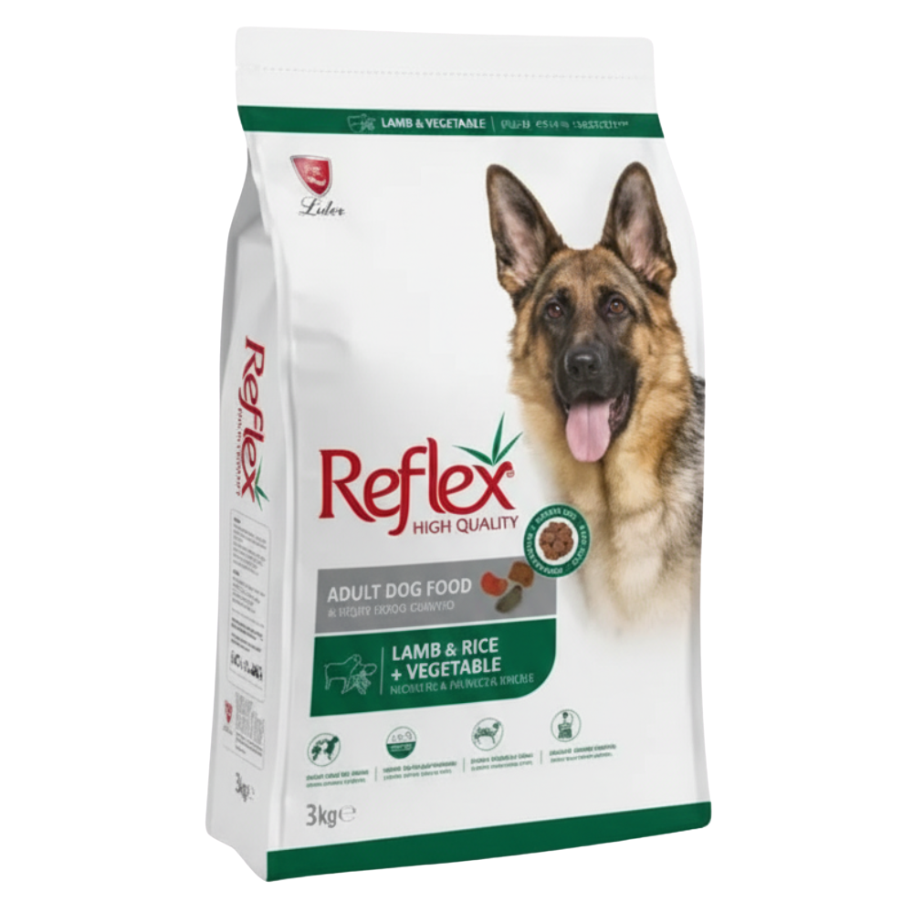 Bag of Reflex high-quality adult dog food with a German Shepherd on the packaging.