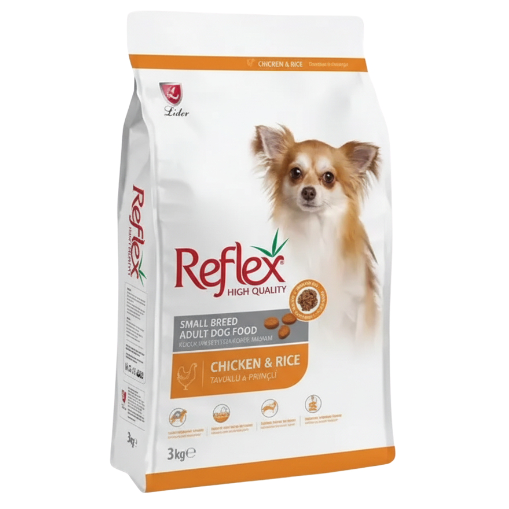 Reflex dog food package for small breed adult dogs with chicken and rice on a white background