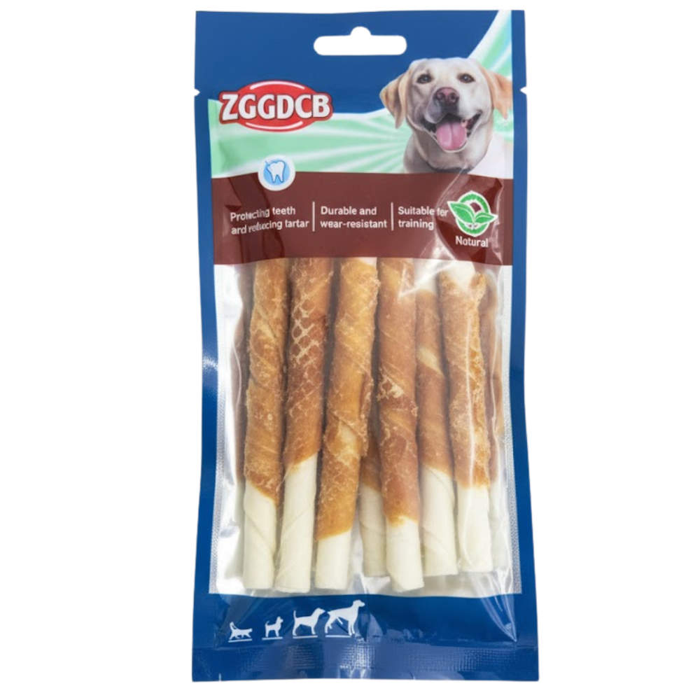 Pack of dog chew sticks with ZGGDCB branding on a white background