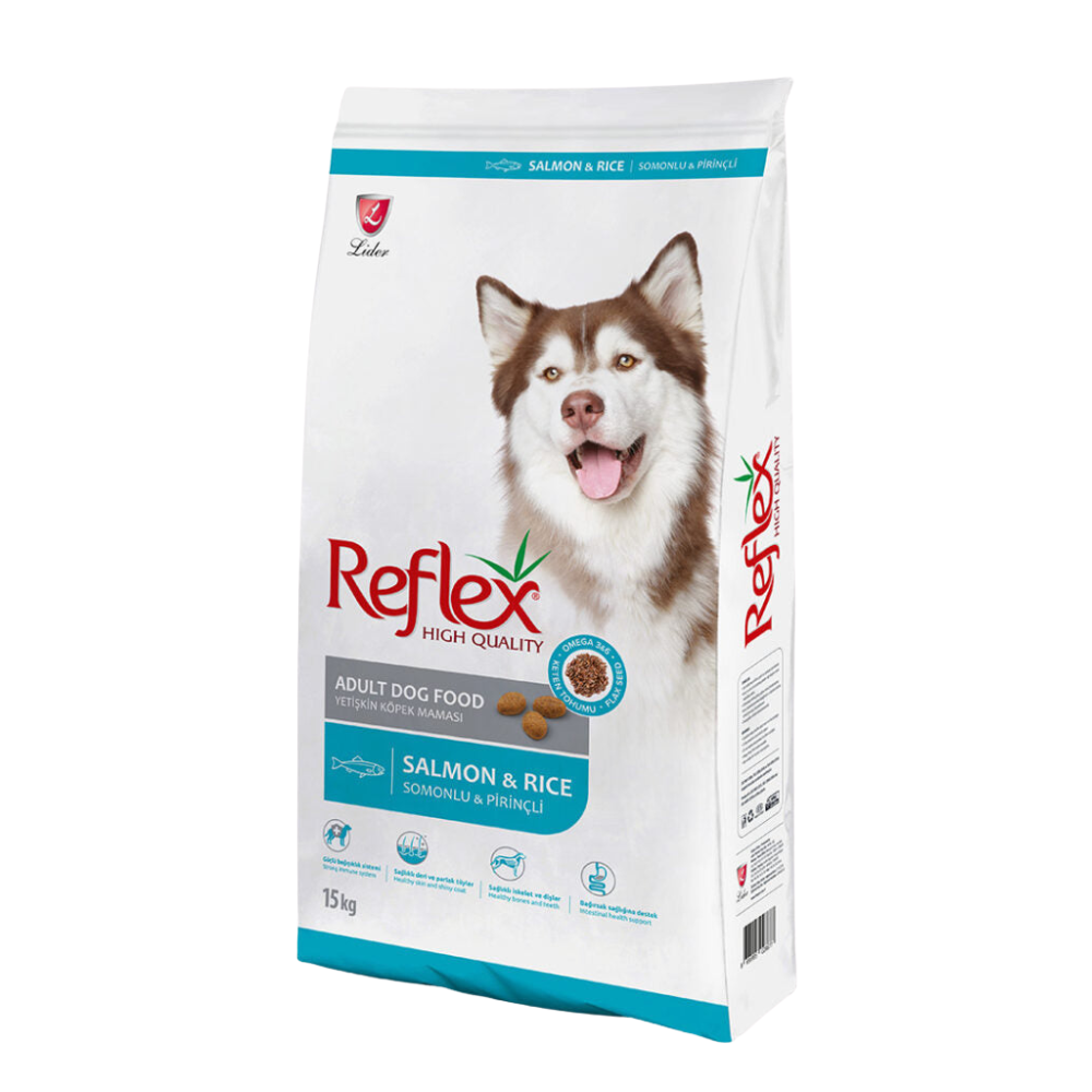 Bag of Reflex High Quality Adult Dog Food with a dog on the packaging