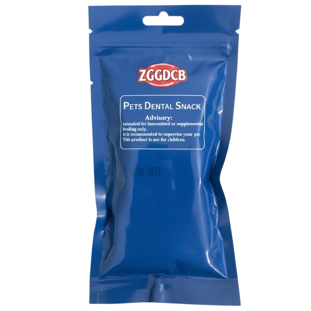 Blue package of pets dental snack with ZGGDCB branding on a white background