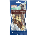Dog treat package with visible brand name and product details on a white background