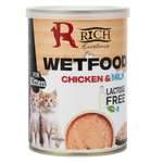 Can of Rich Excellence Wetfood for Kitten with chicken and milk on a white background