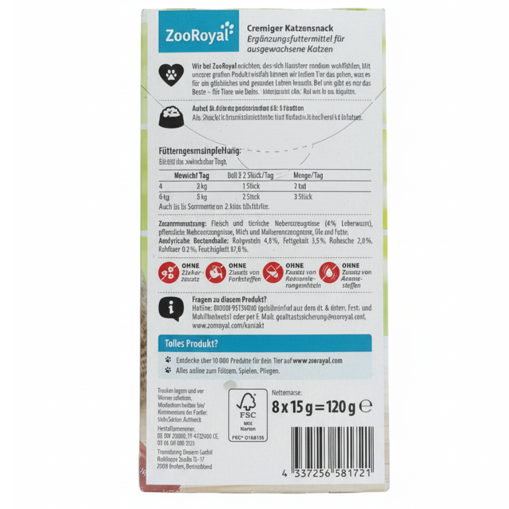 ZooRoyal cat snack packaging with text and nutritional information on a white background