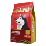 Alpha dog food package with a husky on a red and gold background