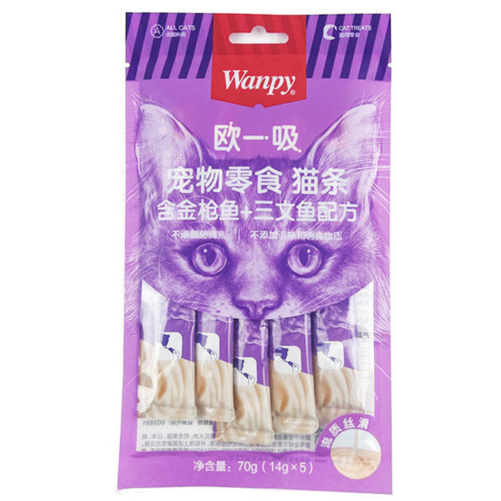Cat snack package with purple and white design featuring a cat's face, brand 'Wanpy' visible.