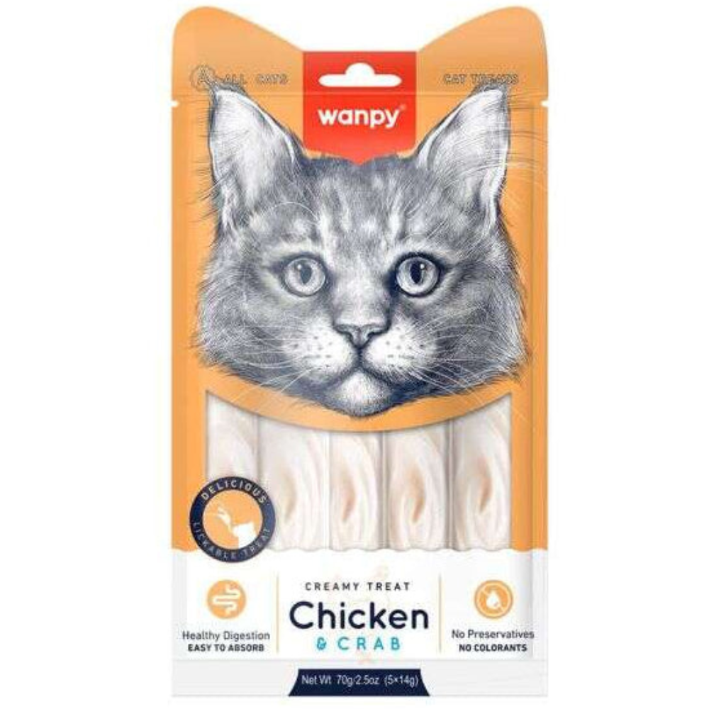 Wanpy cat treat package with a cat illustration on an orange background