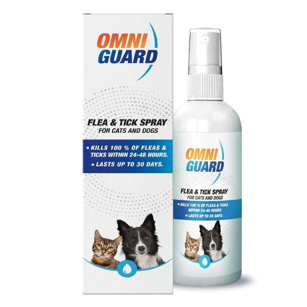 Omni Guard flea and tick spray for cats and dogs with packaging on a white background