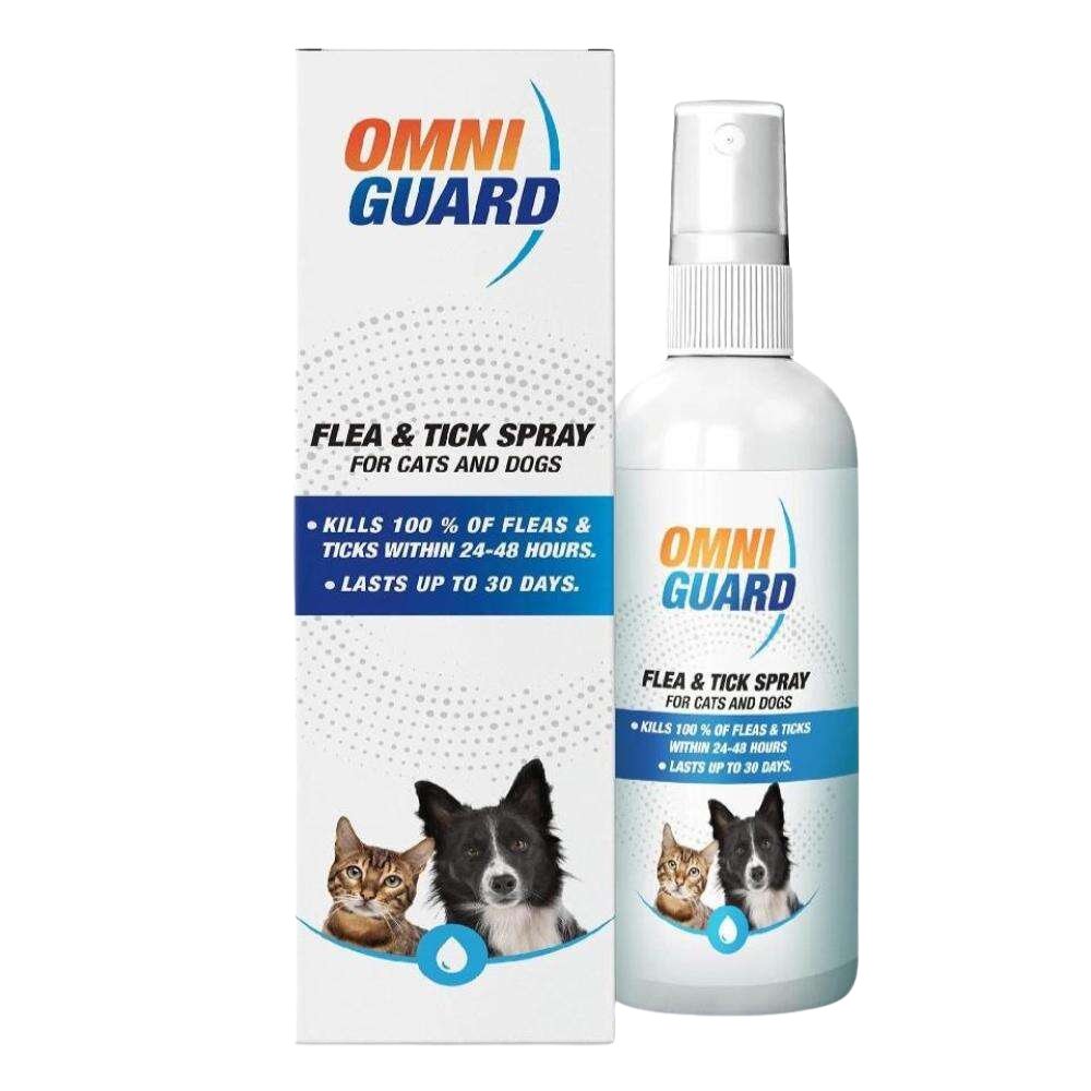 Omni Guard flea and tick spray for cats and dogs with packaging on a white background